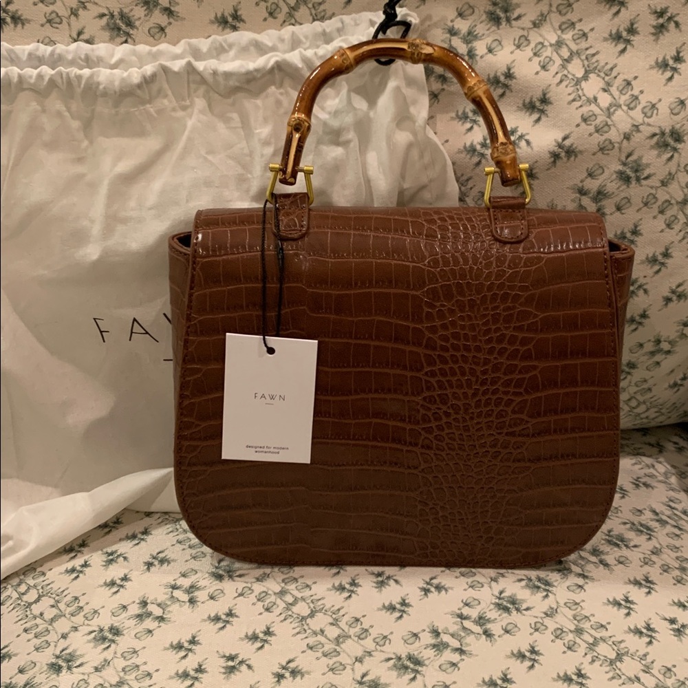 Fawn Design Brown Crocodile-Embossed Bamboo Top Handle Bag - Picture 3 of 4